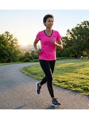 Fila Womens Pink Activewear V-Neck Short Sleeve Shirt Lightweight & Breathable S